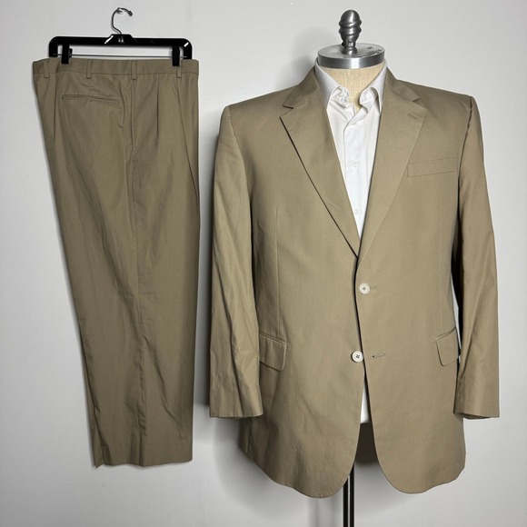 Vtg‎ Jos A Bank Suit Set Two Button Cotton Tan Solid Pleated 46L 38W - Picture 1 of 15